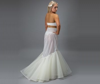 Side and back view of a bride in a white petticoat