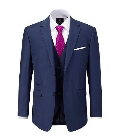 full navy suit with pink tie with white dots and a white shirt