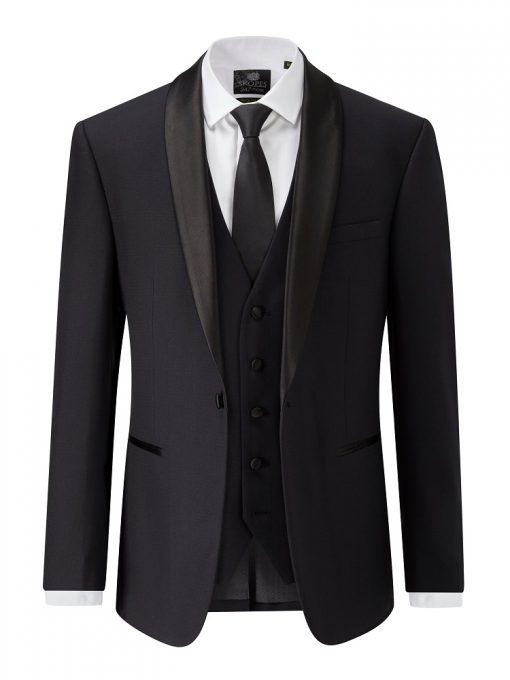 black blazer, waistcoat and dicky bow tie with white shirt