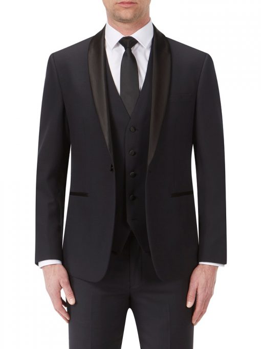 Full black suit with a black dicky bow modelled on a man