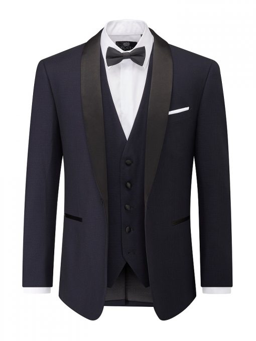 navy blazer, waistcoat and dicky bow tie with white shirt